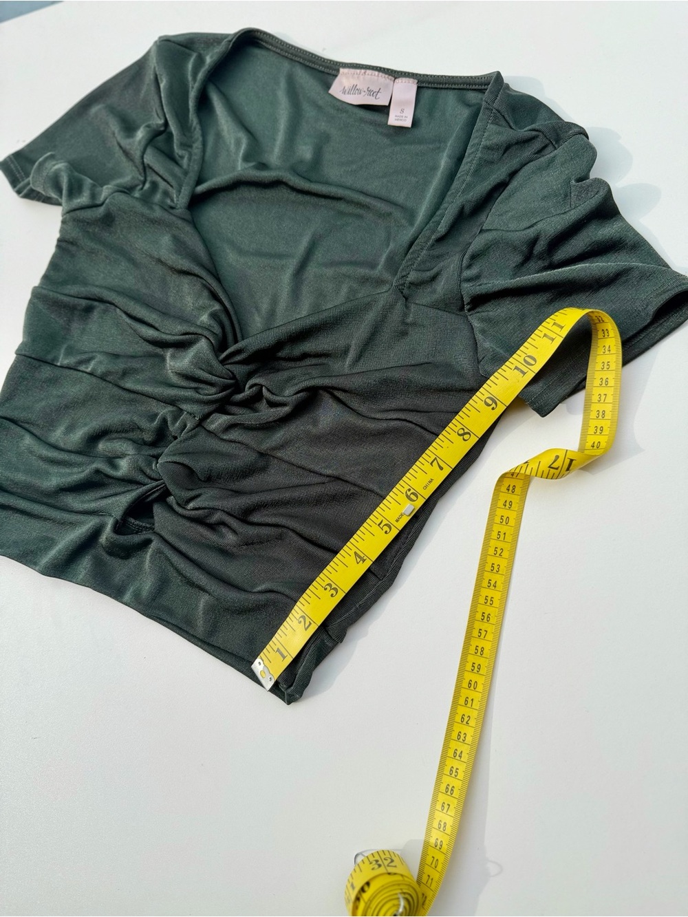 Willow&Root Deep Forest Green Ruched V-Neck Knot Front Crop Top Shimmer Satin S - Picture 6 of 9